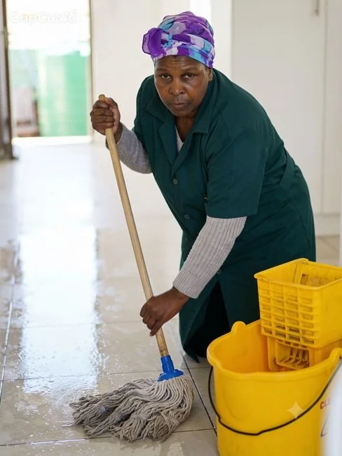 Close-up of people cleaning wooden floor with broom and dustpan indoors.